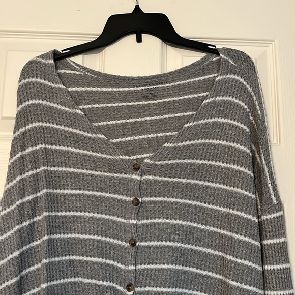 American Eagle Soft and Sexy Striped Long Sleeve Cropped Waffle Shirt - Picture 2 of 4